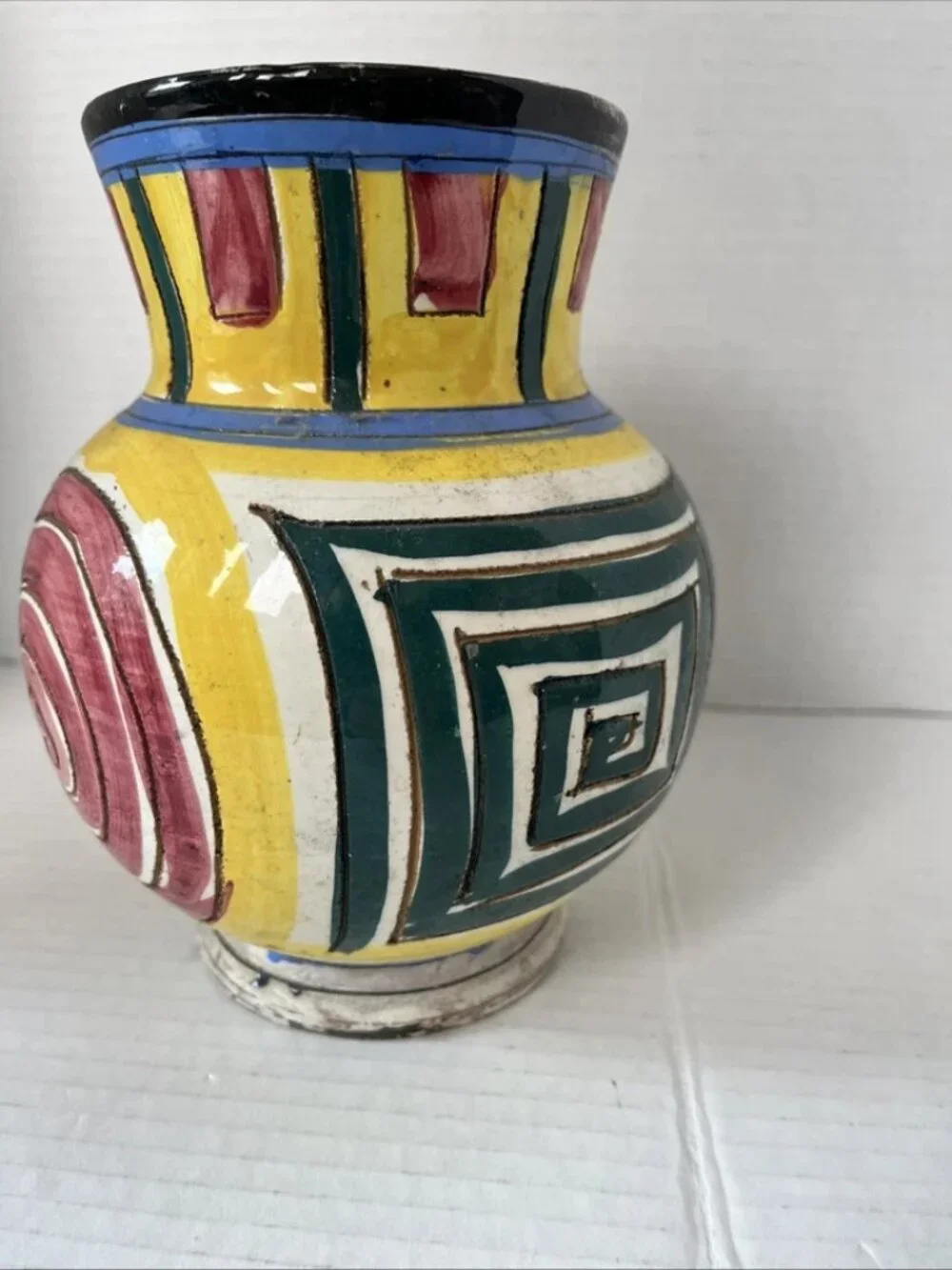 Vintage Italy Art Pottery Vase MCM Geometric Spiral Hand Painted 7